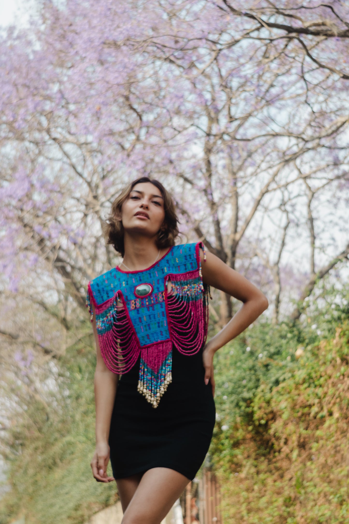 Beaded Tabard Poncho with Traditional Textile & Jade - Fuchsia Palopó