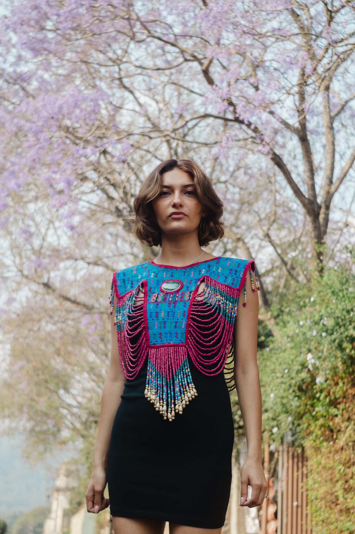 Beaded Tabard Poncho with Traditional Textile & Jade - Fuchsia Palopó