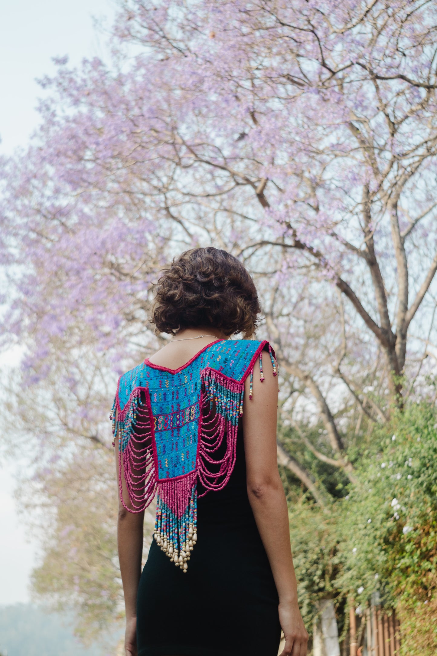 Beaded Tabard Poncho with Traditional Textile & Jade - Fuchsia Palopó