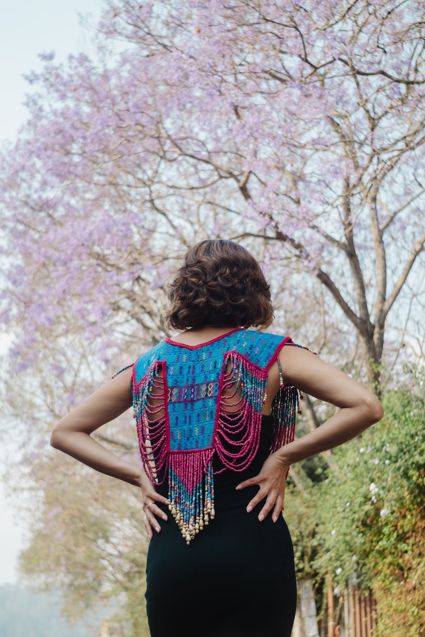 Beaded Tabard Poncho with Traditional Textile & Jade - Fuchsia Palopó