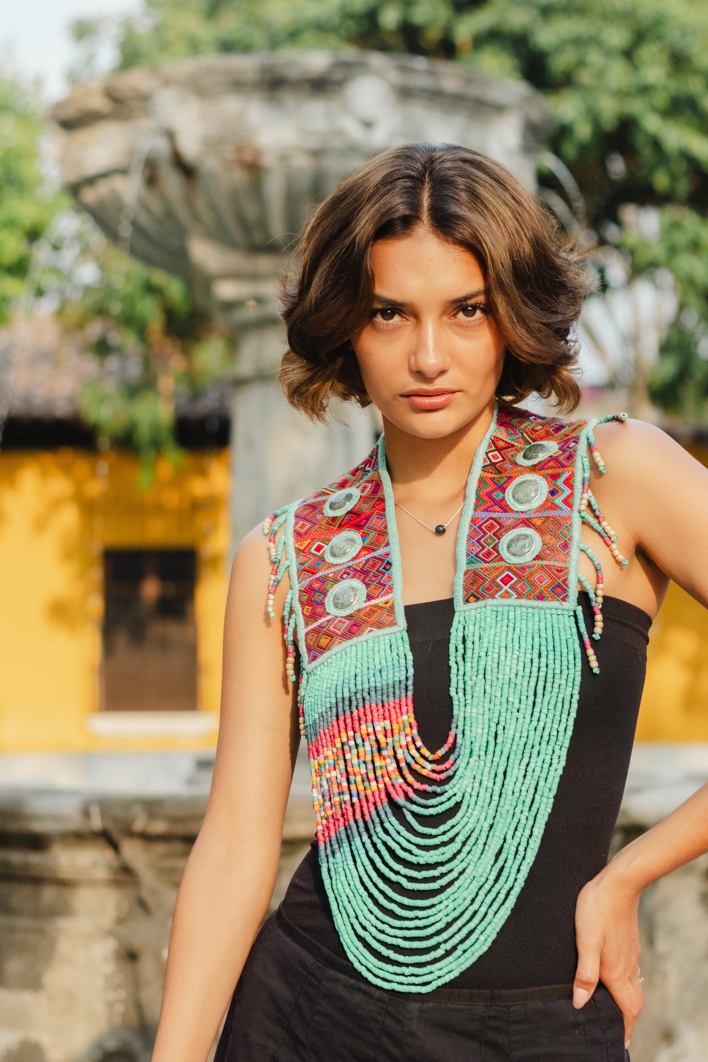 Ceremonial Shoulder Piece with Jade Stones and Beaded Chains - Turquesa