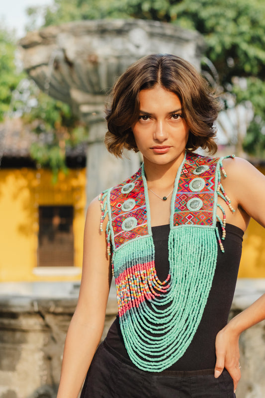 Ceremonial Shoulder Piece with Jade Stones and Beaded Chains - Turquesa