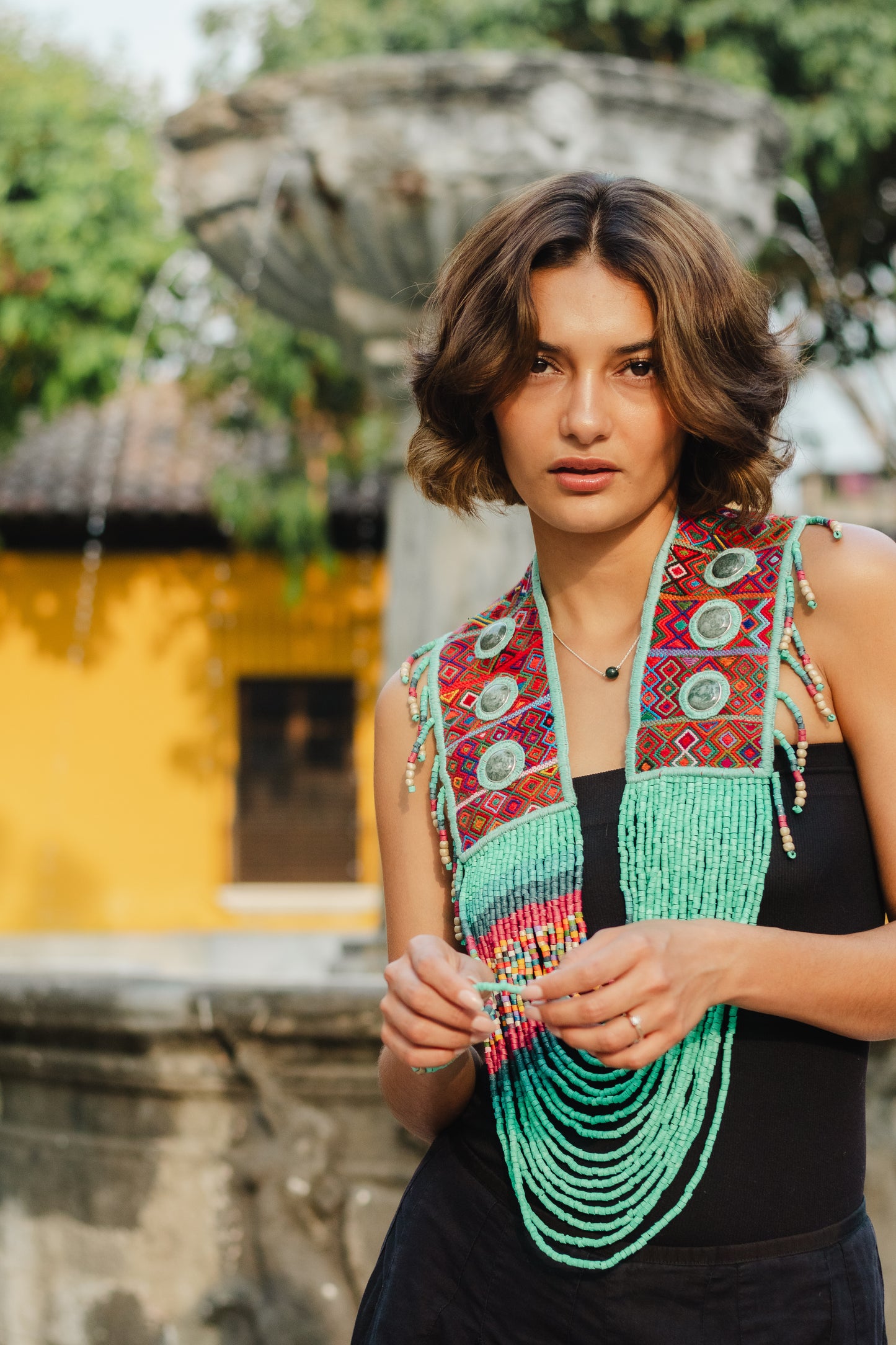 Ceremonial Shoulder Piece with Jade Stones and Beaded Chains - Turquesa