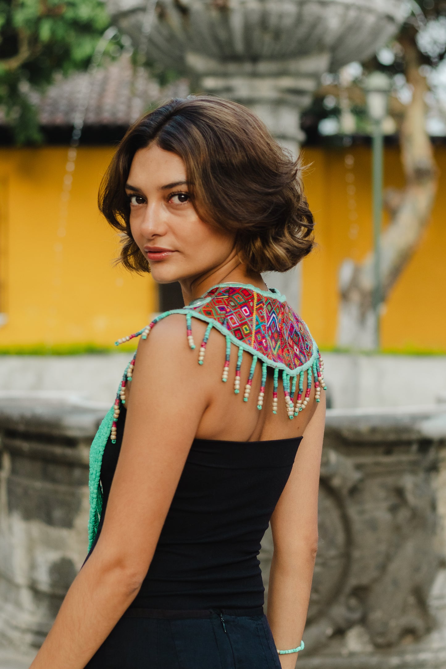 Ceremonial Shoulder Piece with Jade Stones and Beaded Chains - Turquesa