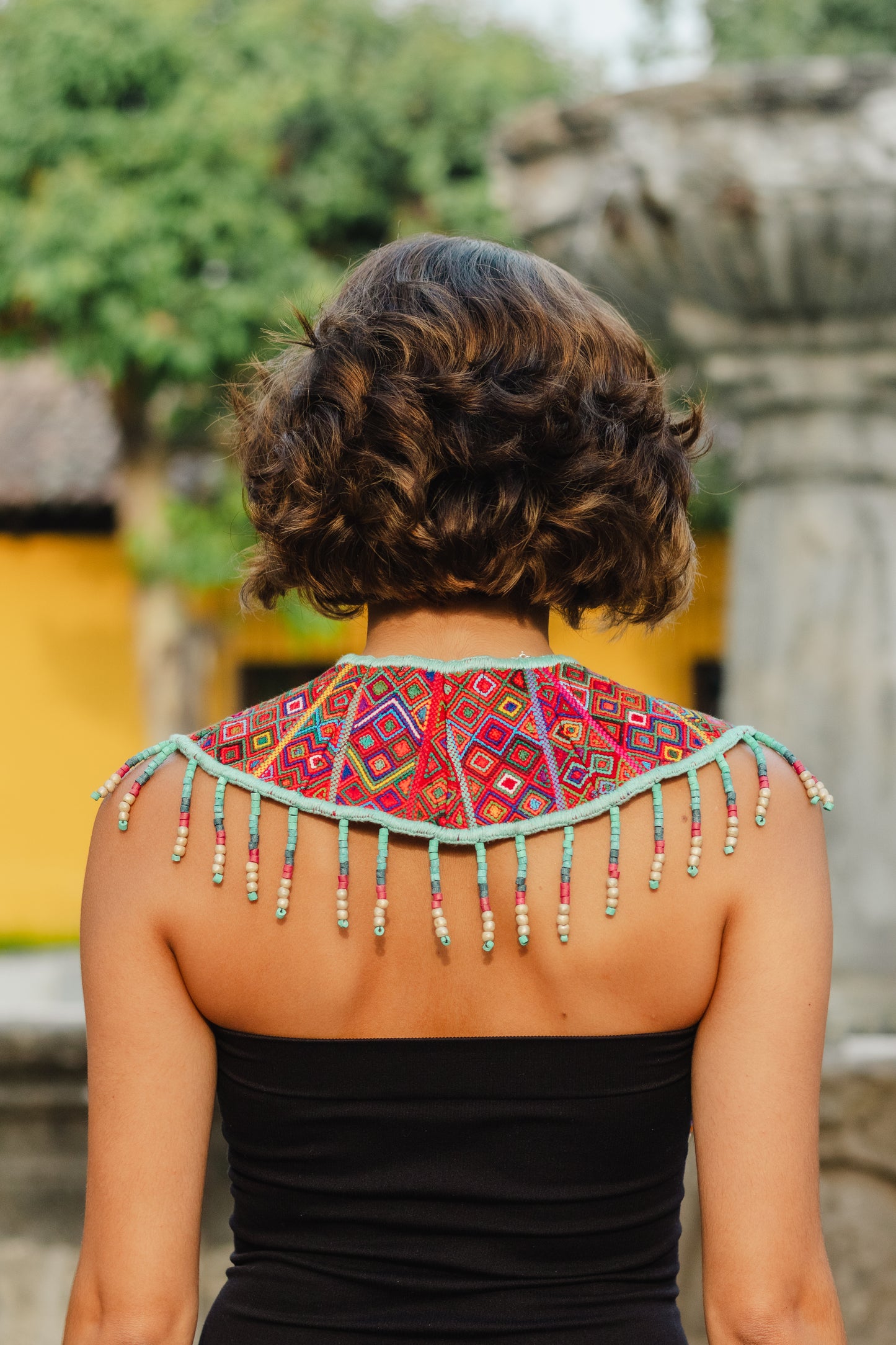 Ceremonial Shoulder Piece with Jade Stones and Beaded Chains - Turquesa