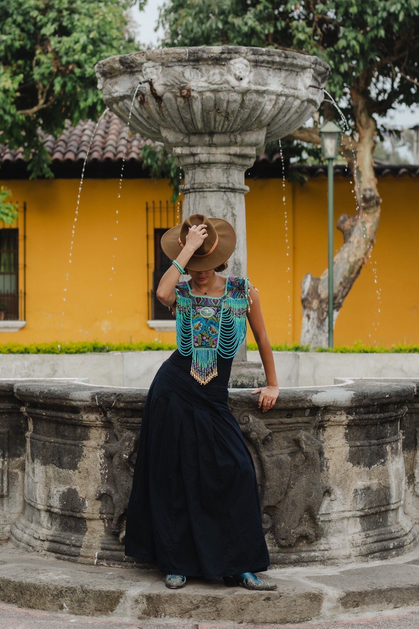Beaded Tabard Poncho with Traditional Textile & Jade - Turquoise Serenade