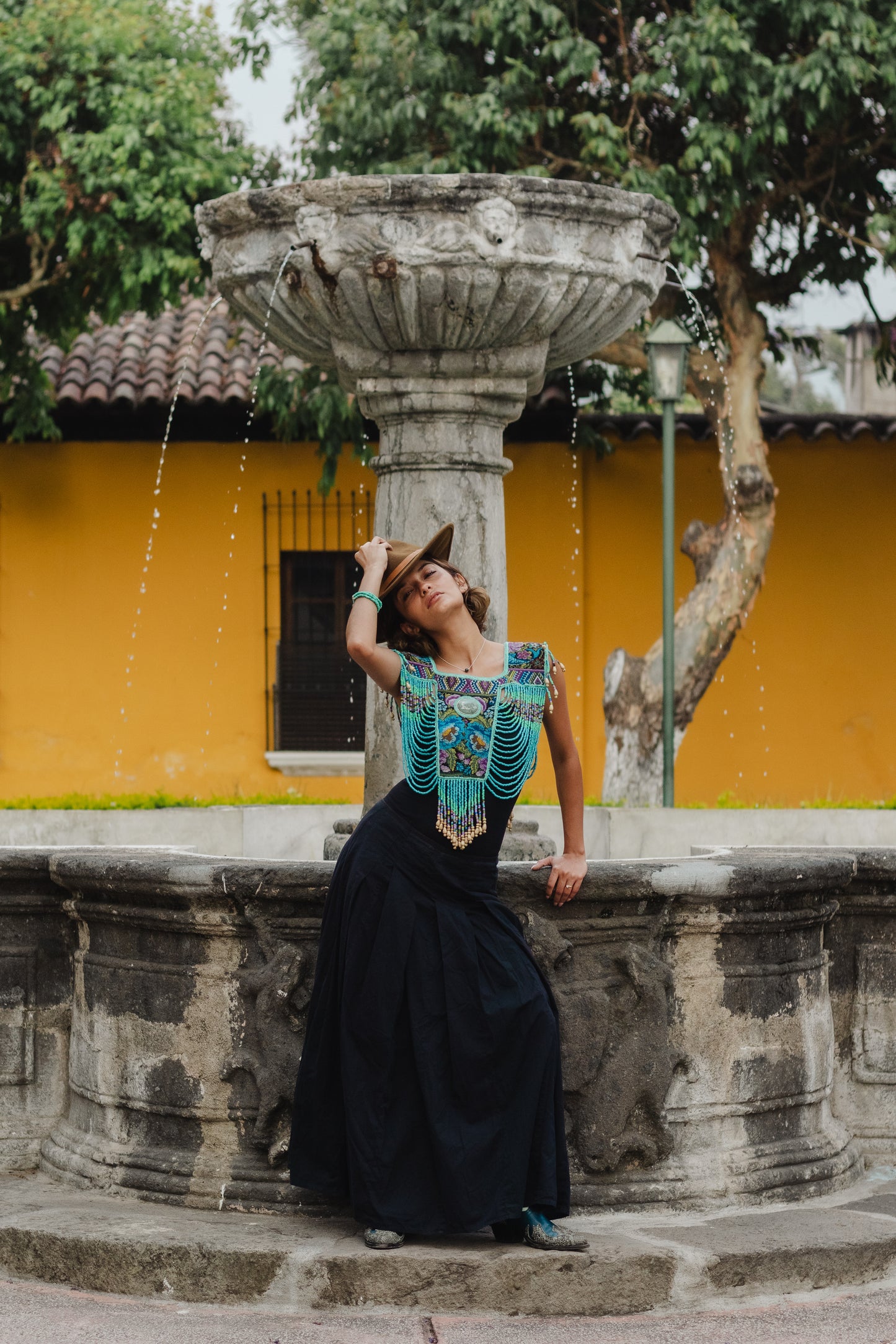 Beaded Tabard Poncho with Traditional Textile & Jade - Turquoise Serenade
