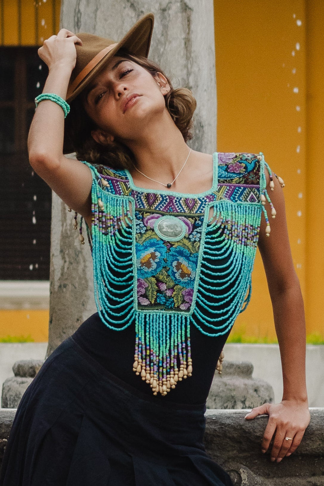 Beaded Tabard Poncho with Traditional Textile & Jade - Turquoise Serenade