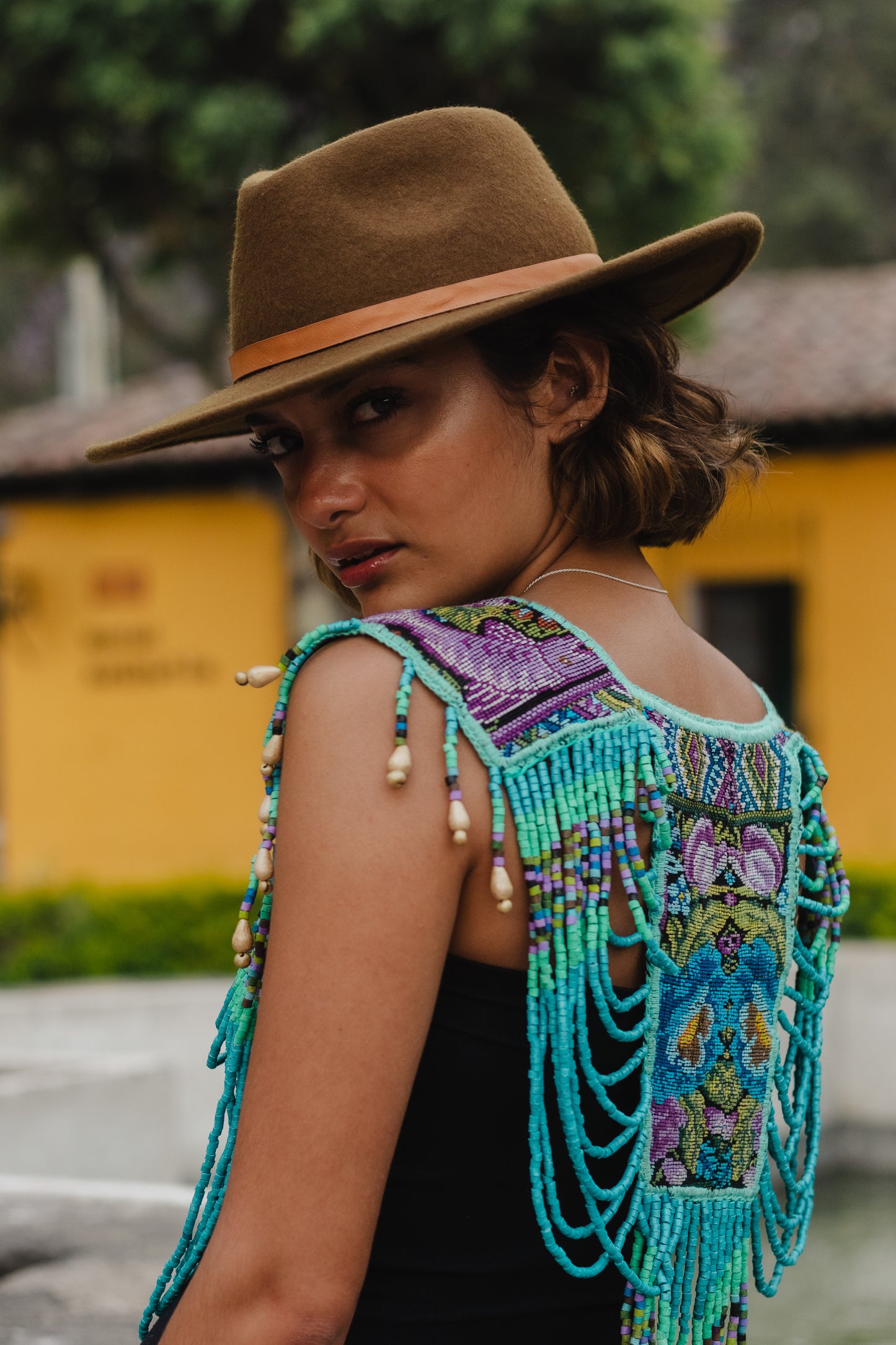 Beaded Tabard Poncho with Traditional Textile & Jade - Turquoise Serenade