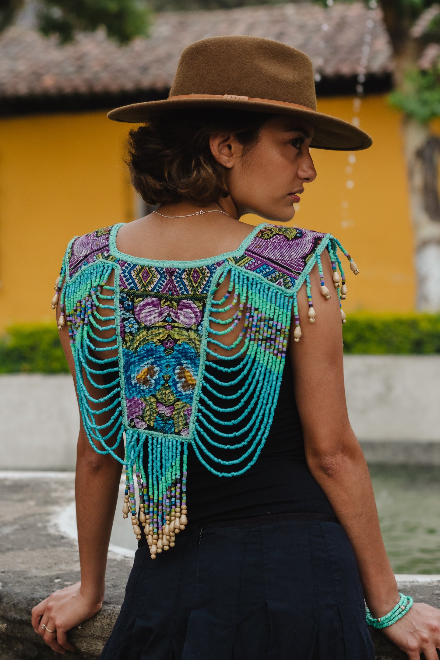 Beaded Tabard Poncho with Traditional Textile & Jade - Turquoise Serenade
