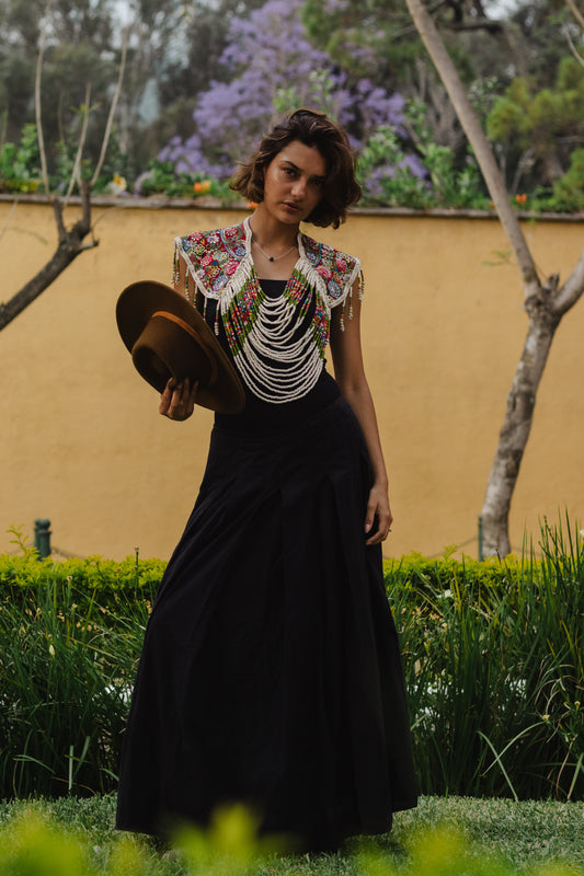 Shoulder Cape with Beads - Huipil Capa, Ivory Meadow
