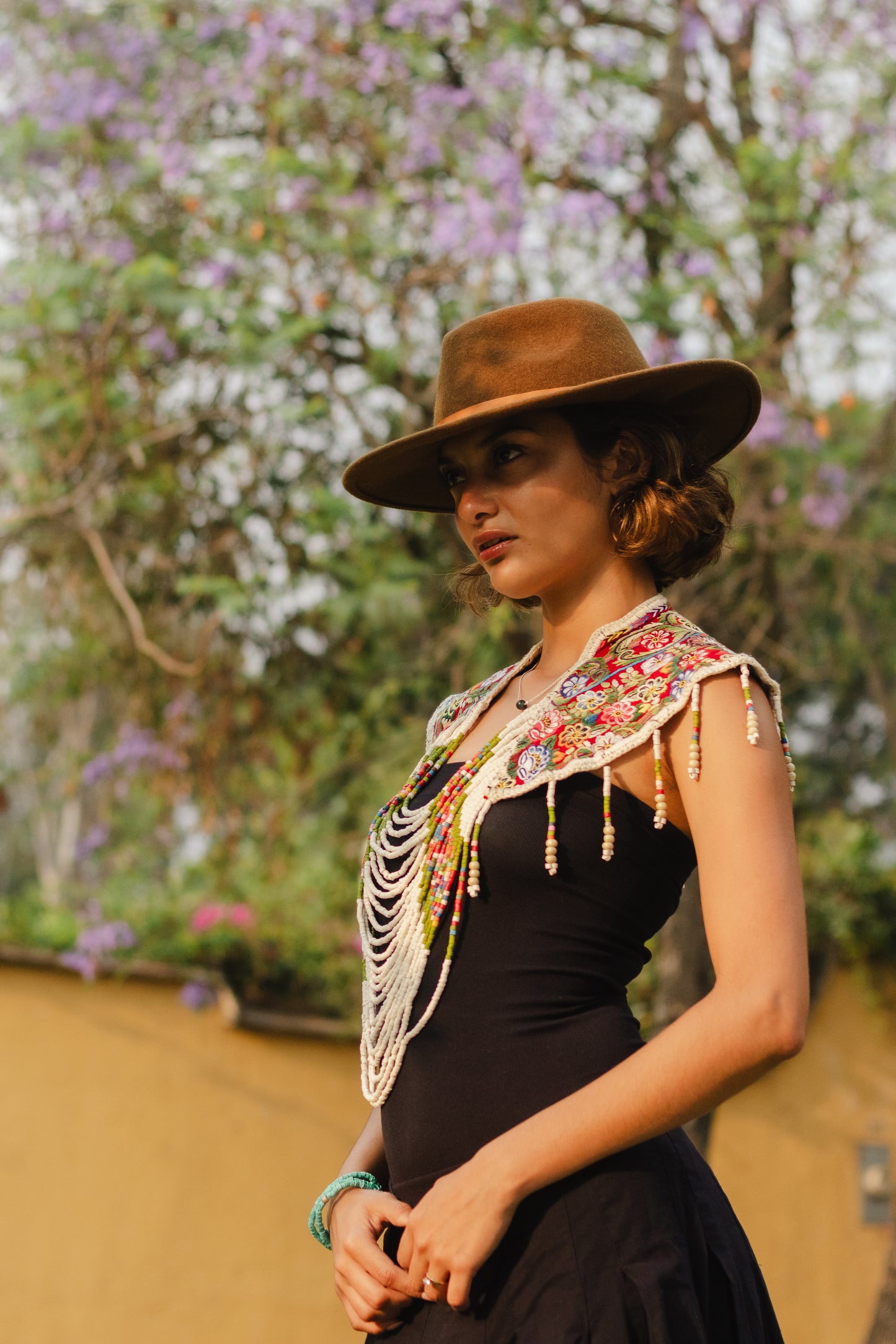 Shoulder Cape with Beads - Huipil Capa, Ivory Meadow