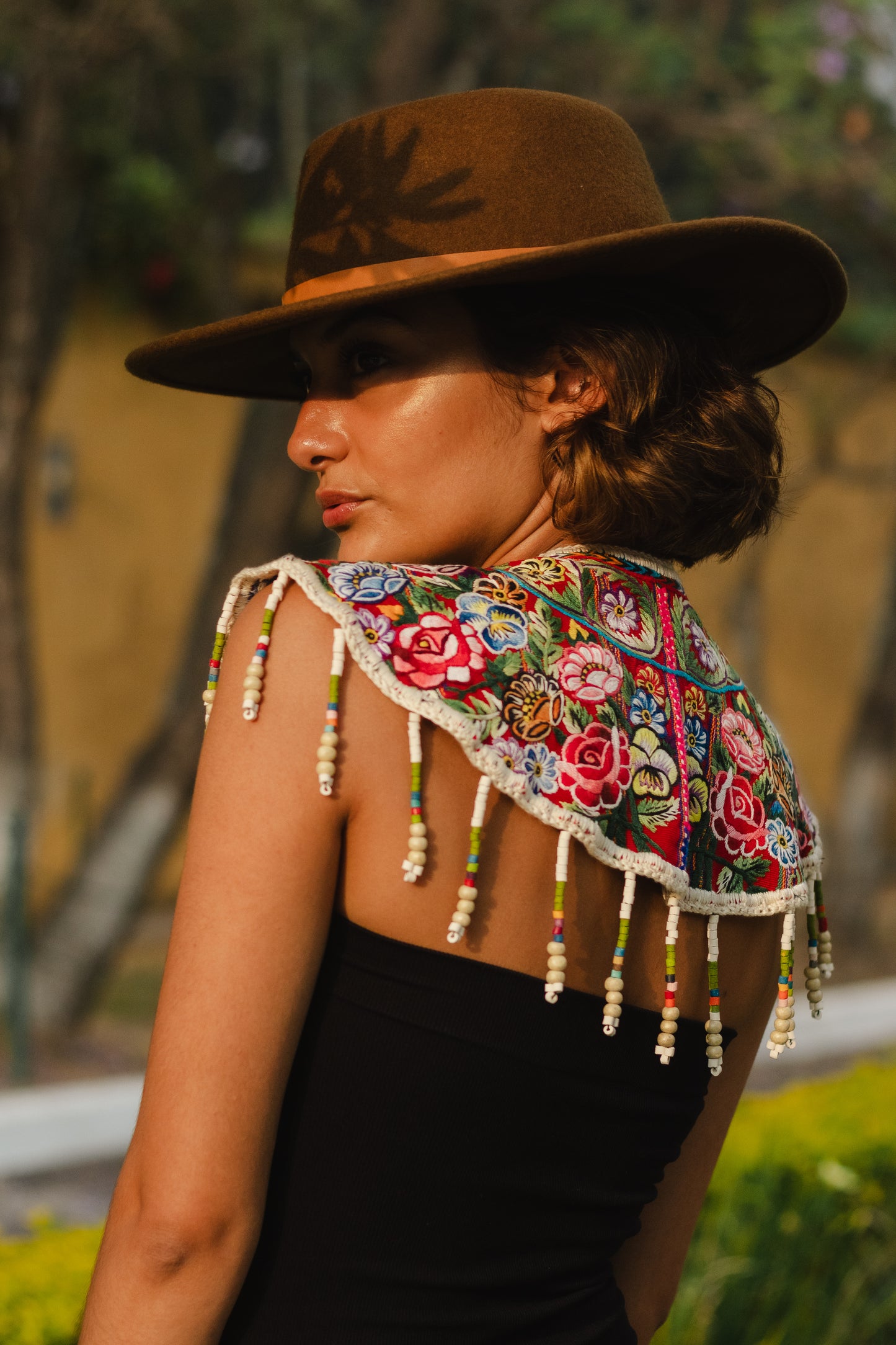 Shoulder Cape with Beads - Huipil Capa, Ivory Meadow