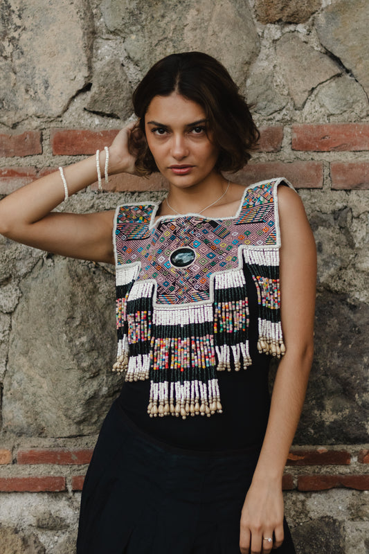 One-of-a-kind, Handmade Poncho with Authentic Guatemalan Jade & Vintage Chichi Textile  - Cosmic Contrast