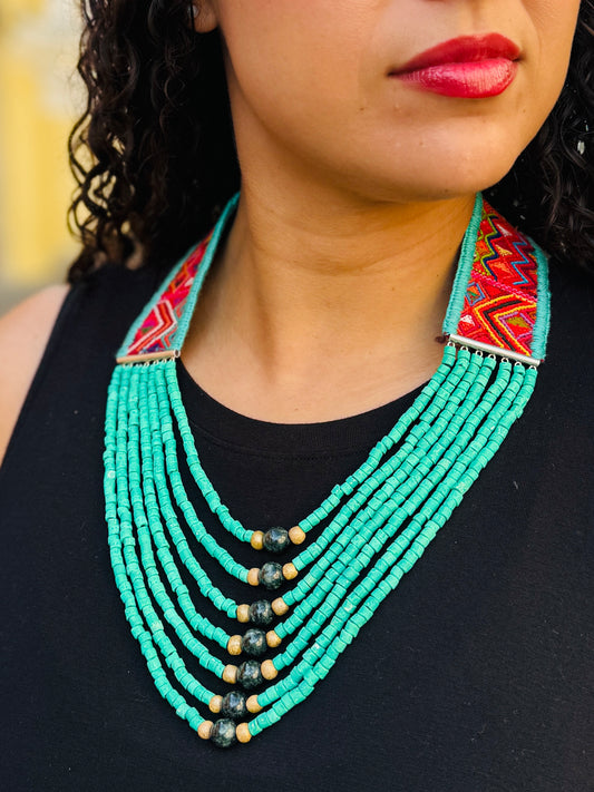 Adjustable Guatemalan Ceremonial Textile Necklace with Jade & Ceramic Beads, turquoise