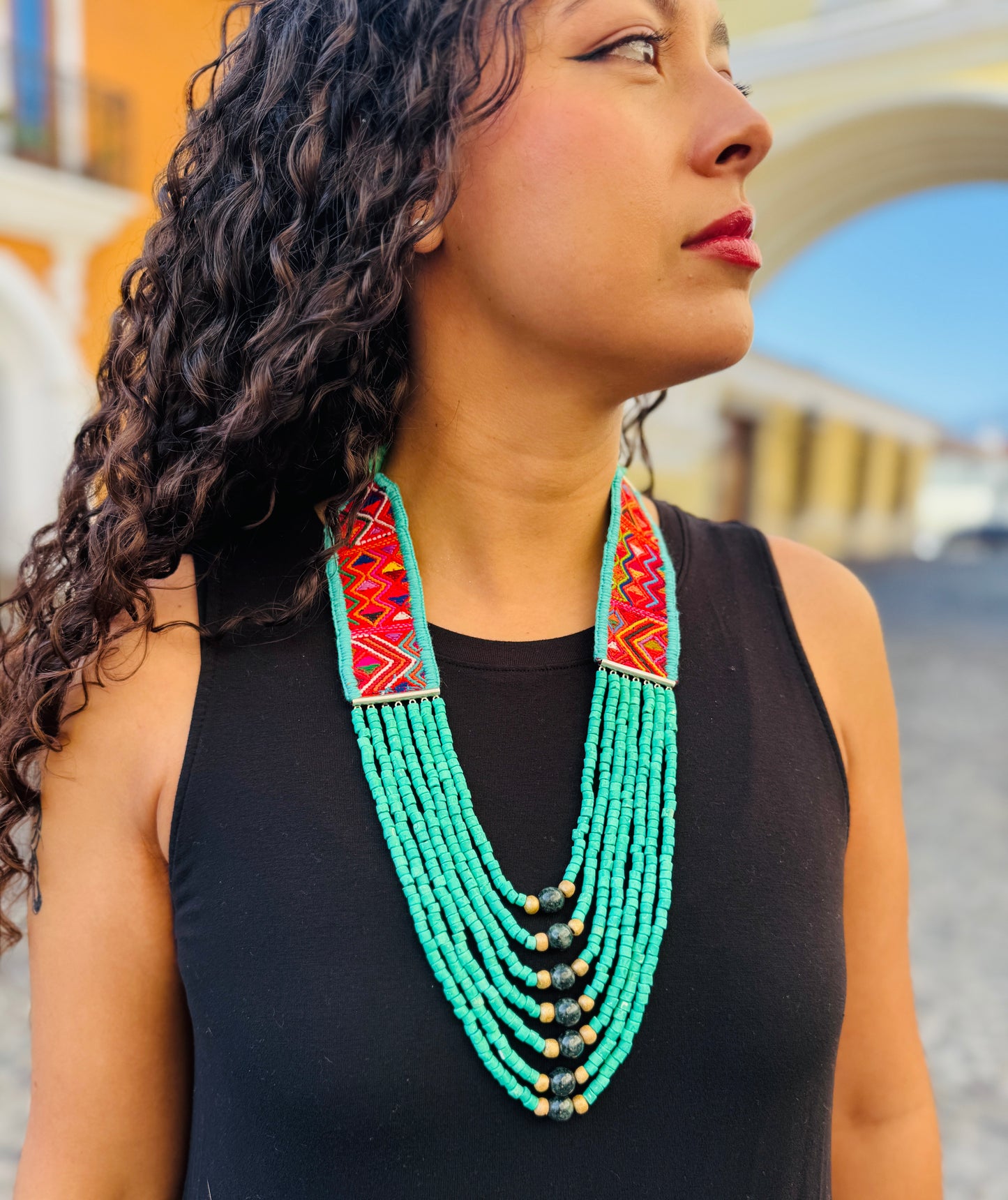 Adjustable Guatemalan Ceremonial Textile Necklace with Jade & Ceramic Beads, turquoise
