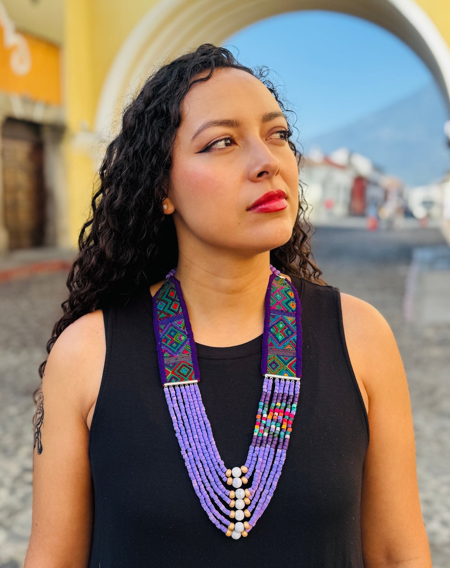 Adjustable Guatemalan Ceremonial Textile Necklace with Lavender Jade & Ceramic Beads, pastel purple