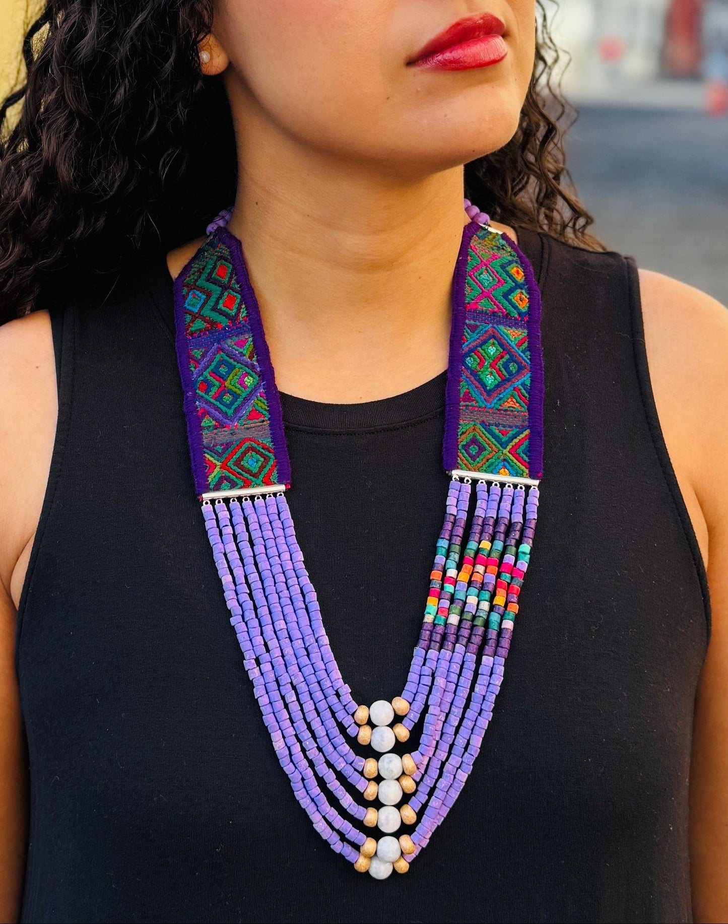 Adjustable Guatemalan Ceremonial Textile Necklace with Lavender Jade & Ceramic Beads, pastel purple