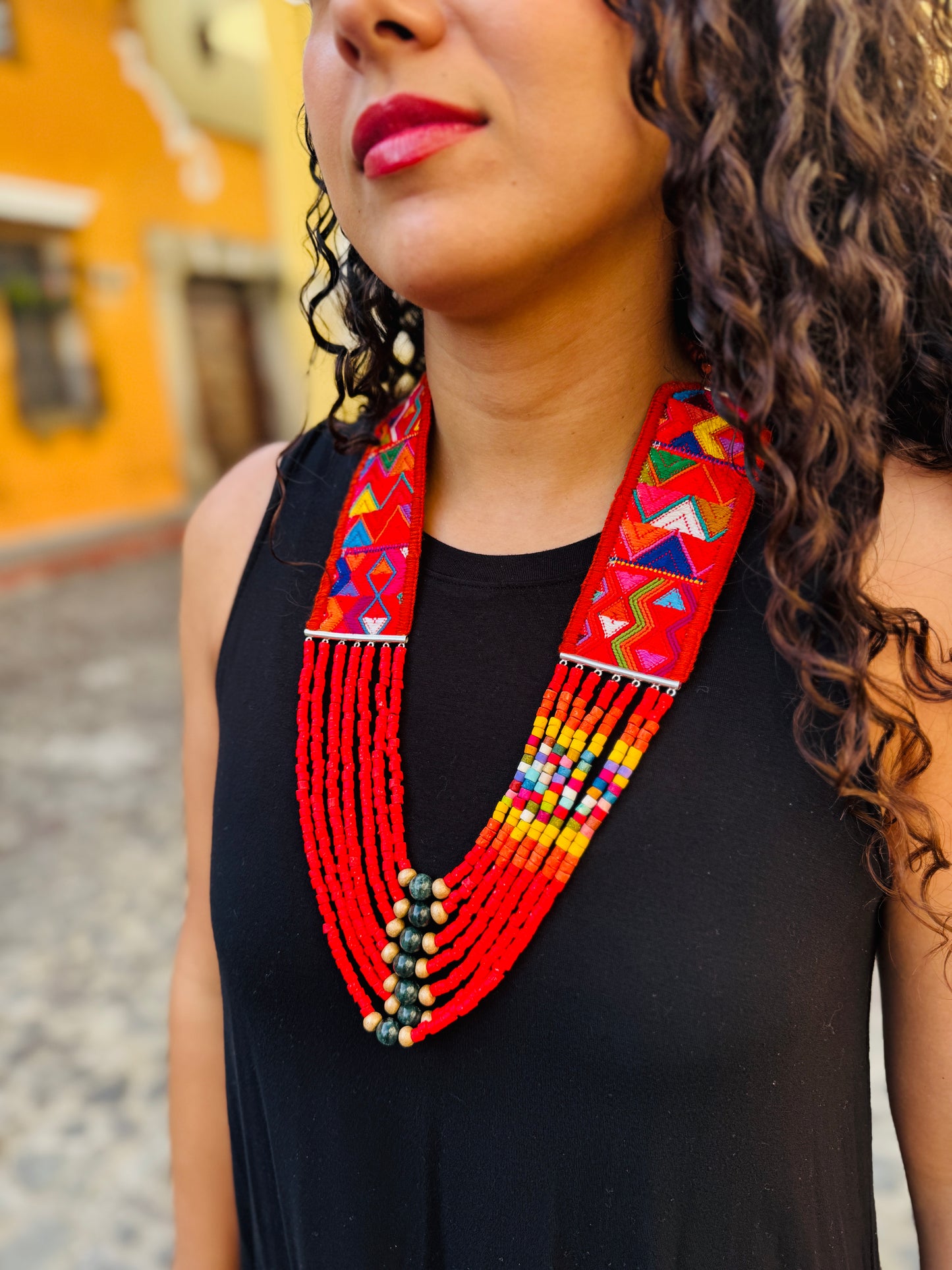 Adjustable Guatemalan Ceremonial Textile Necklace with Jade & Ceramic Beads, red and yellow