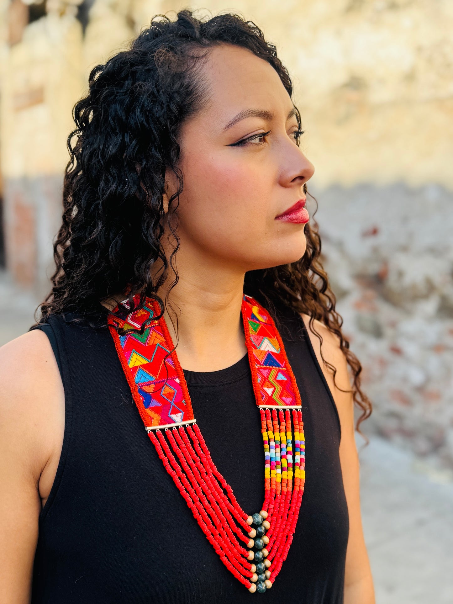 Adjustable Guatemalan Ceremonial Textile Necklace with Jade & Ceramic Beads, red and yellow