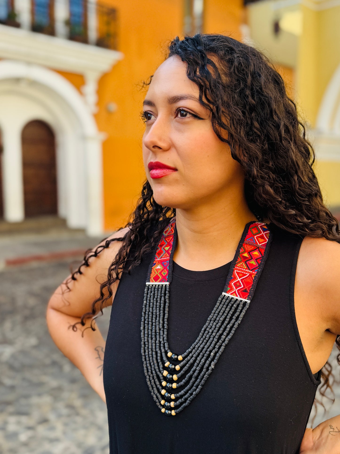 Adjustable Guatemalan Ceremonial Textile Necklace with Jade & Ceramic Beads, black