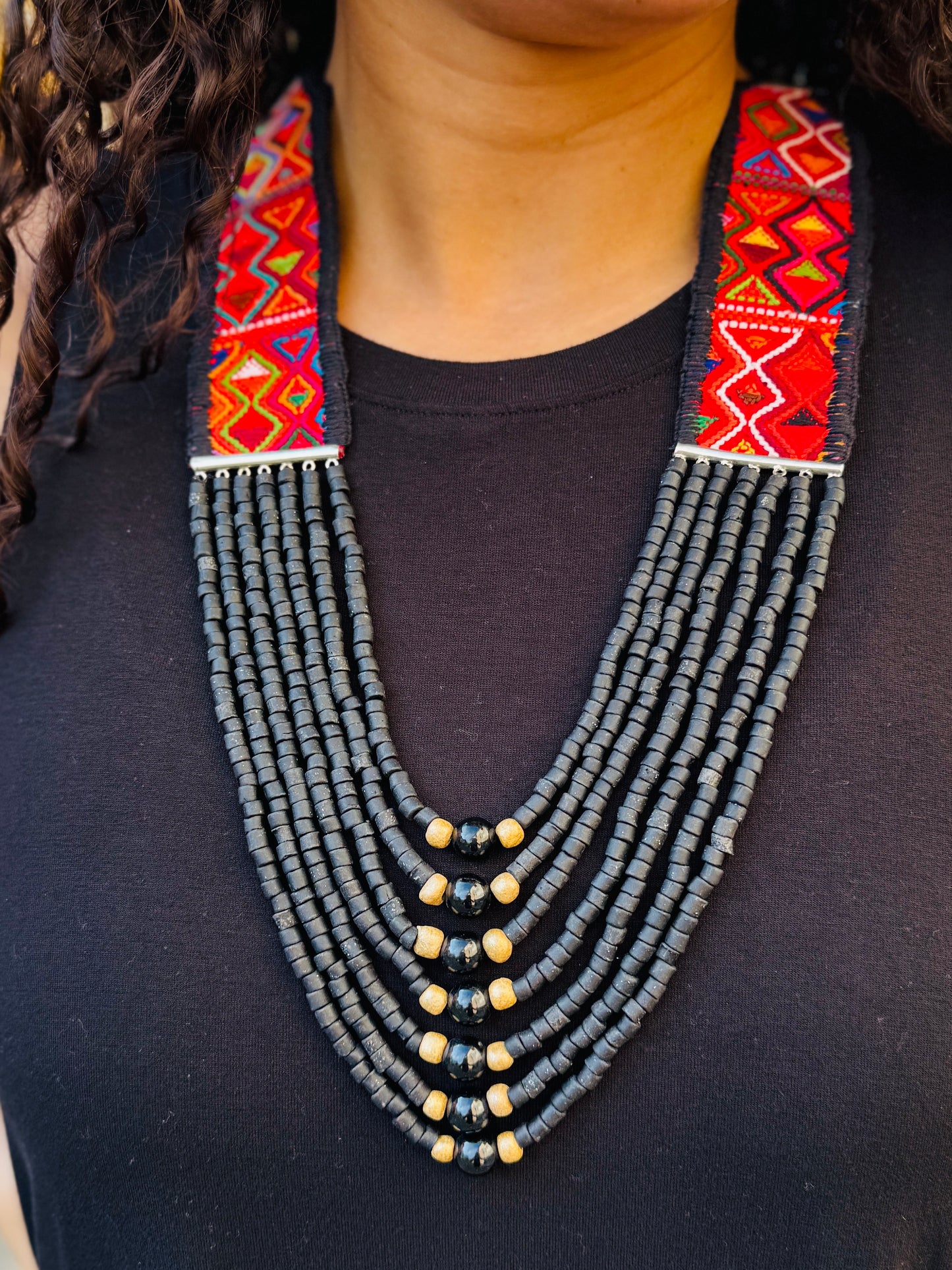 Adjustable Guatemalan Ceremonial Textile Necklace with Jade & Ceramic Beads, black