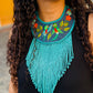 Bib Necklace with Guatemalan Bird Embroidery from Santiago with Ceramic Bead Fringes, celeste