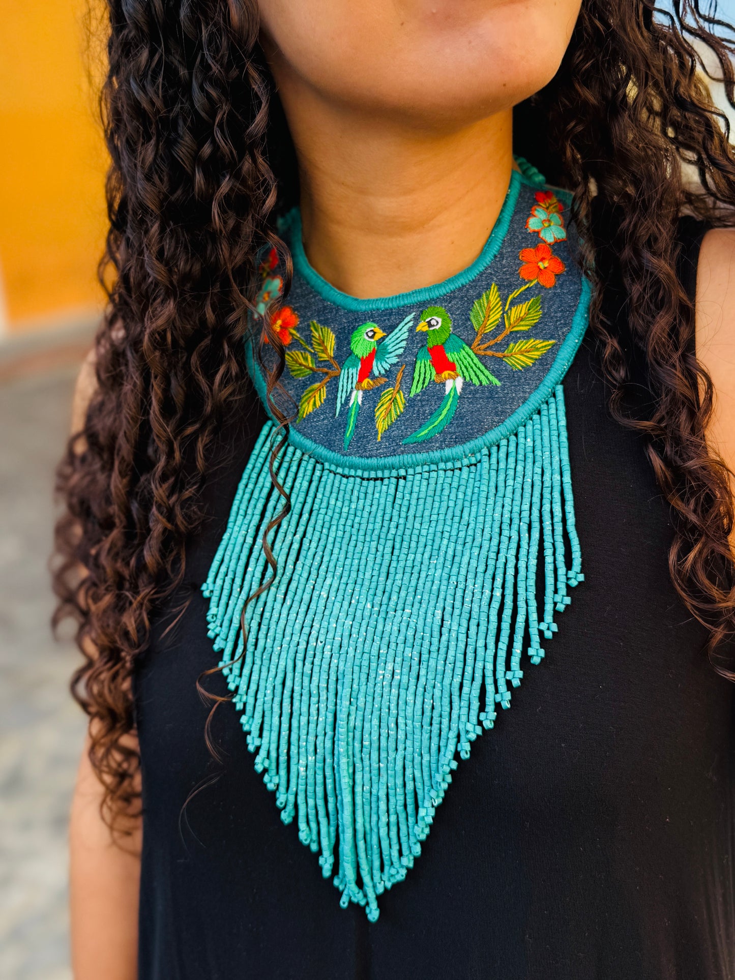 Bib Necklace with Guatemalan Bird Embroidery from Santiago with Ceramic Bead Fringes, celeste