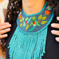 Bib Necklace with Guatemalan Bird Embroidery from Santiago with Ceramic Bead Fringes, celeste