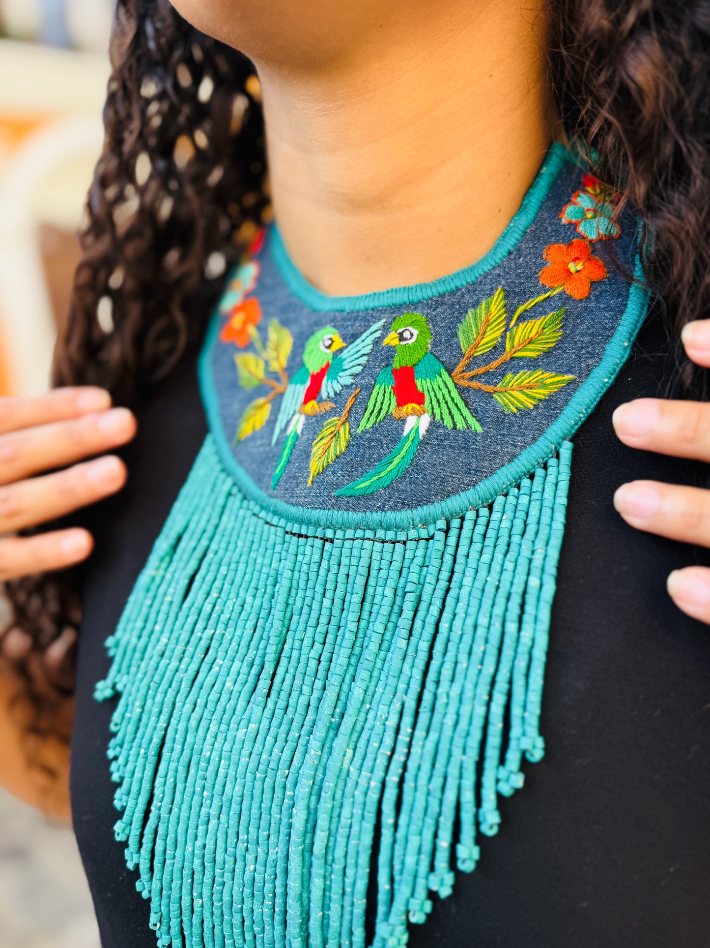 Bib Necklace with Guatemalan Bird Embroidery from Santiago with Ceramic Bead Fringes, celeste