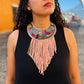 Bib Necklace with Guatemalan Bird Embroidery from Santiago with Ceramic Bead Fringes, pink