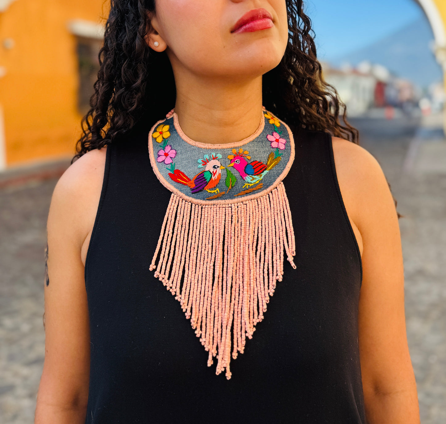 Bib Necklace with Guatemalan Bird Embroidery from Santiago with Ceramic Bead Fringes, pink