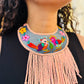 Bib Necklace with Guatemalan Bird Embroidery from Santiago with Ceramic Bead Fringes, pink