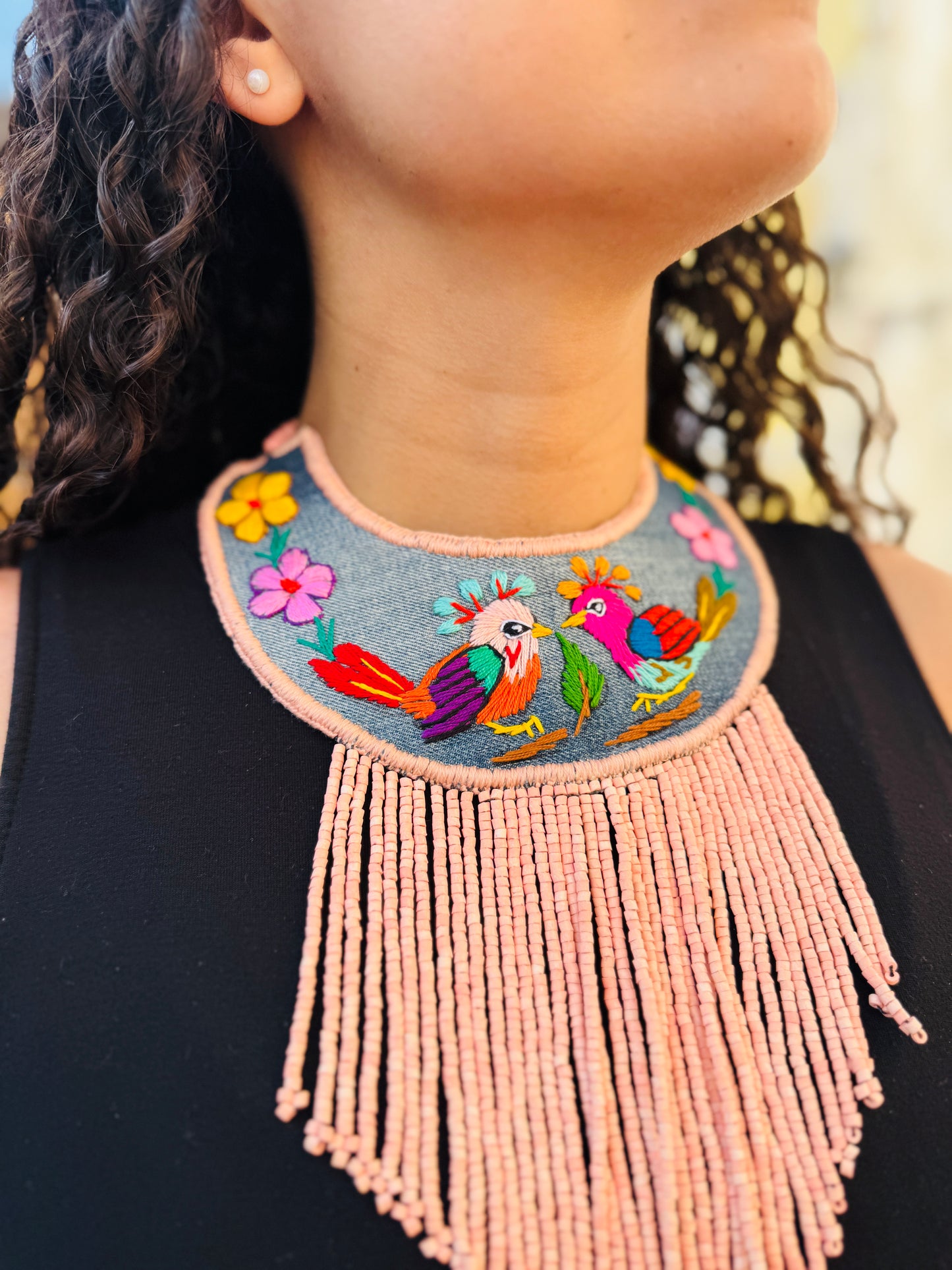 Bib Necklace with Guatemalan Bird Embroidery from Santiago with Ceramic Bead Fringes, pink