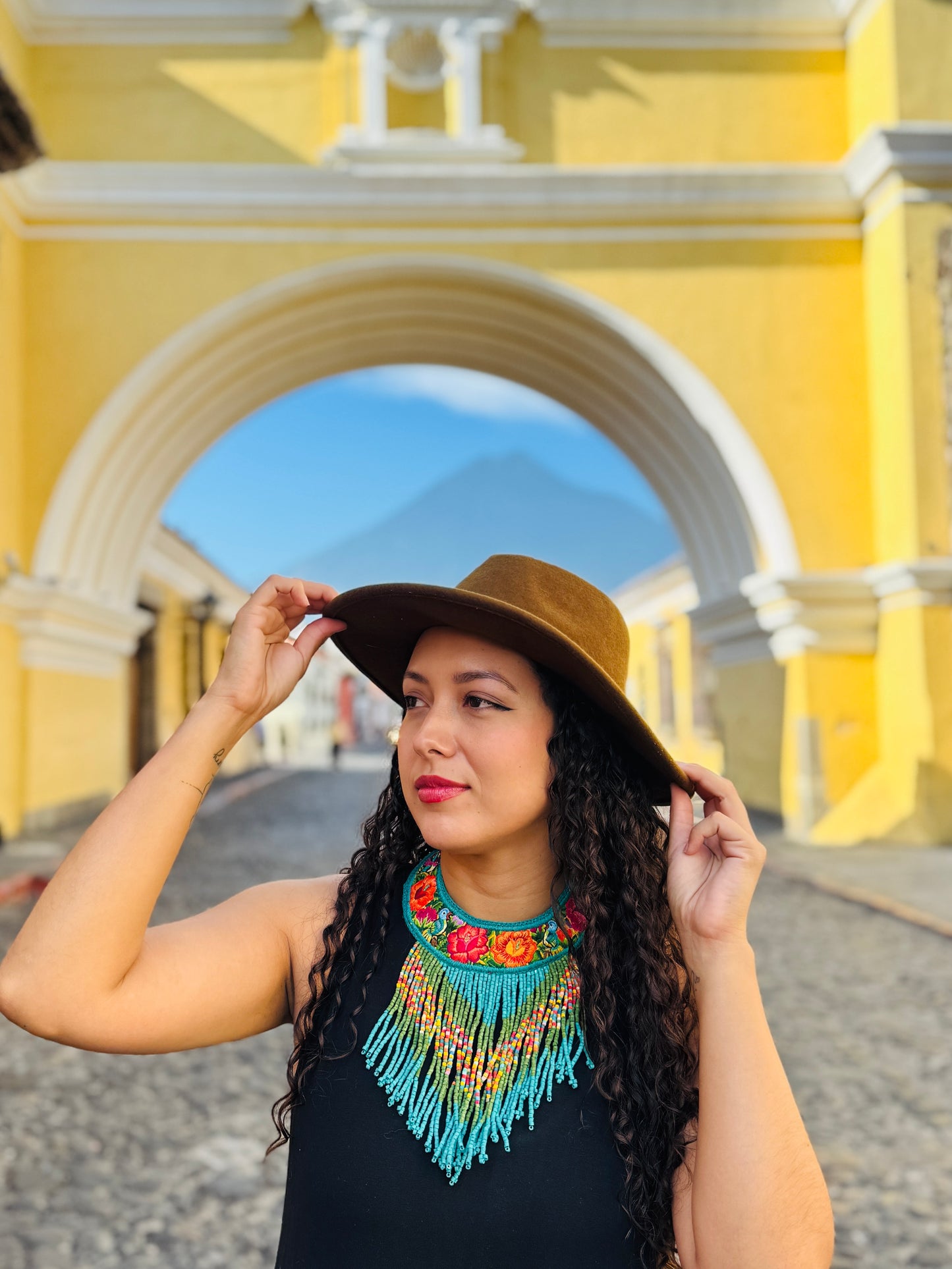 Bib Necklace with Guatemalan Floral Embroidery from Patzun with Ceramic Bead Fringes, turquoise & green