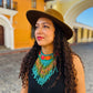 Bib Necklace with Guatemalan Floral Embroidery from Patzun with Ceramic Bead Fringes, turquoise & green