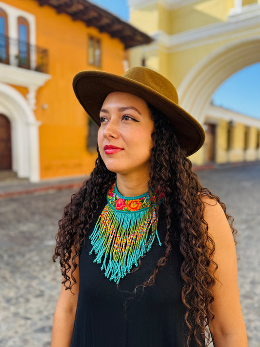 Bib Necklace with Guatemalan Floral Embroidery from Patzun with Ceramic Bead Fringes, turquoise & green