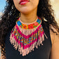 Bib Necklace with Guatemalan Floral Embroidery from Patzun with Ceramic Bead Fringes, pinks