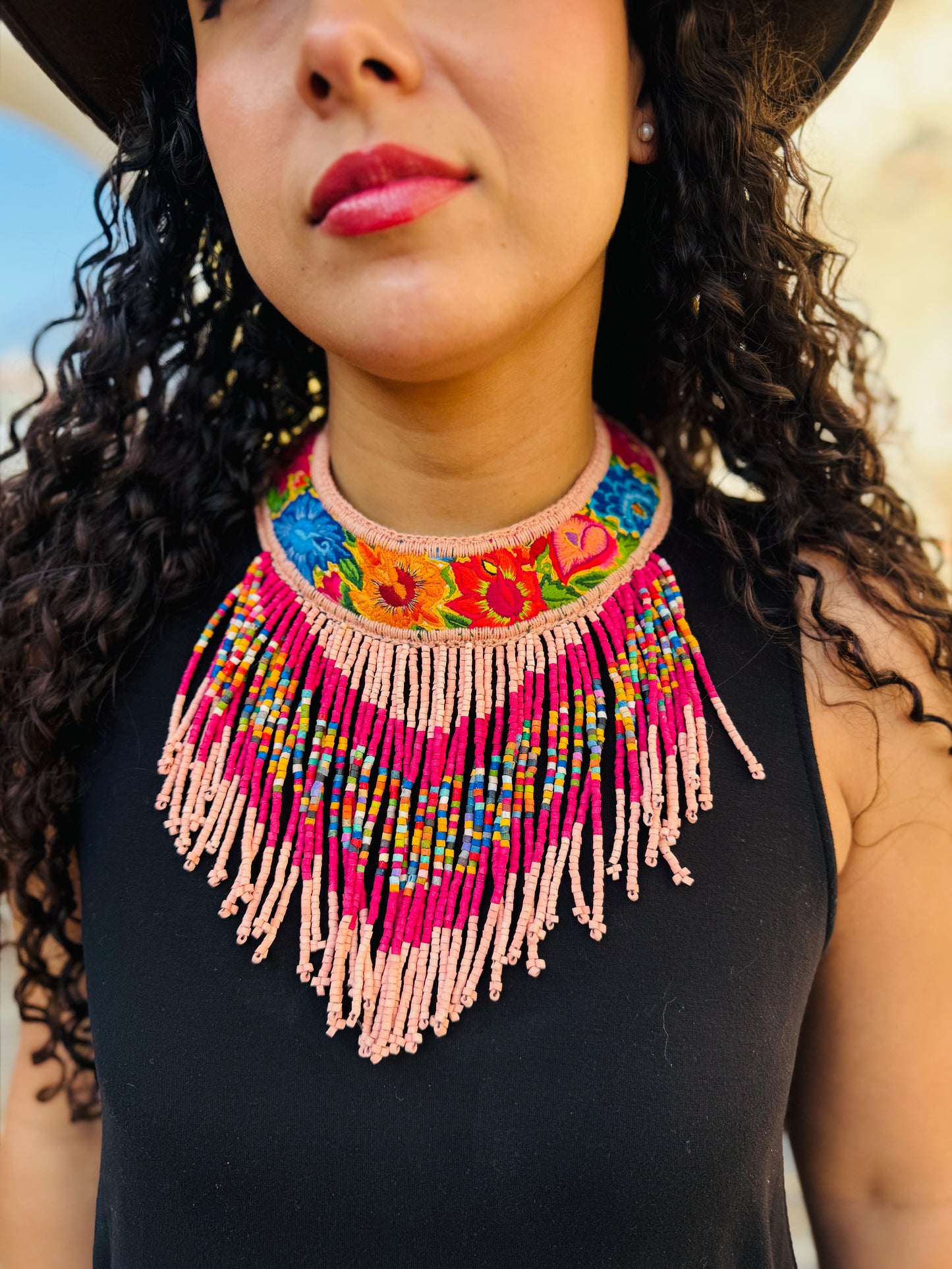 Bib Necklace with Guatemalan Floral Embroidery from Patzun with Ceramic Bead Fringes, pinks