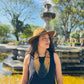 Adjustable Ceramic Beaded Strand Necklace with Patzún Floral Huipil Textile, mustard