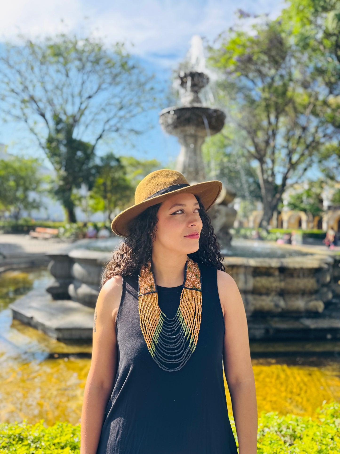 Adjustable Ceramic Beaded Strand Necklace with Patzún Floral Huipil Textile, mustard
