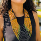 Adjustable Ceramic Beaded Strand Necklace with Patzún Floral Huipil Textile, mustard