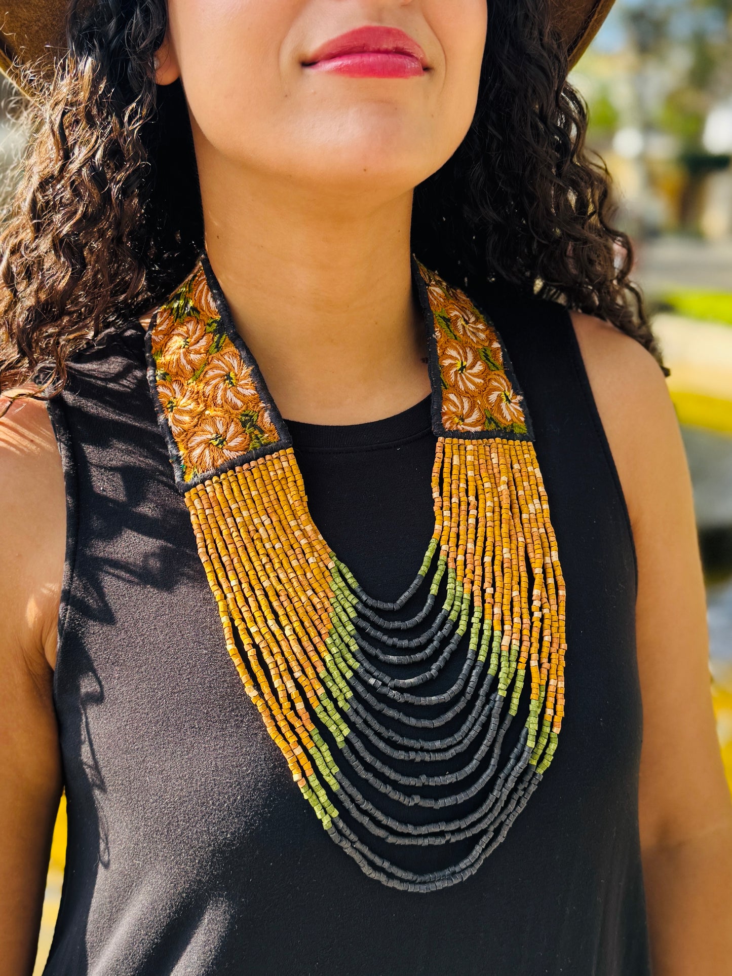 Adjustable Ceramic Beaded Strand Necklace with Patzún Floral Huipil Textile, mustard