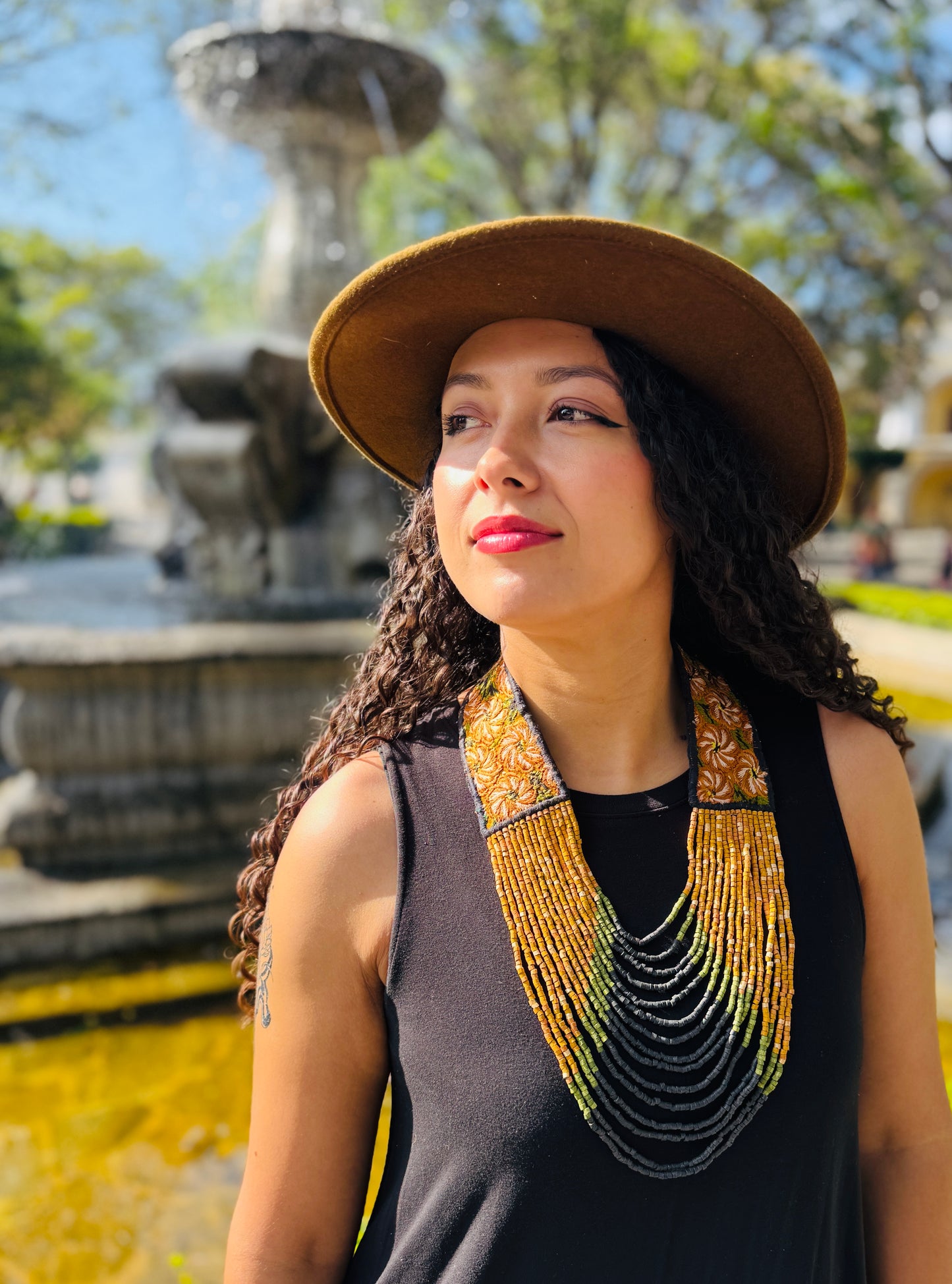 Adjustable Ceramic Beaded Strand Necklace with Patzún Floral Huipil Textile, mustard