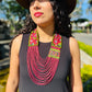 Adjustable Ceramic Beaded Strand Necklace with Patzún Floral Huipil Textile, magenta