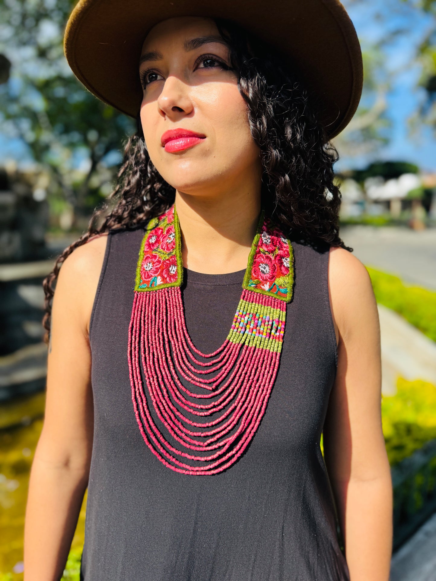 Adjustable Ceramic Beaded Strand Necklace with Patzún Floral Huipil Textile, magenta