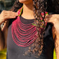 Adjustable Ceramic Beaded Strand Necklace with Patzún Floral Huipil Textile, magenta