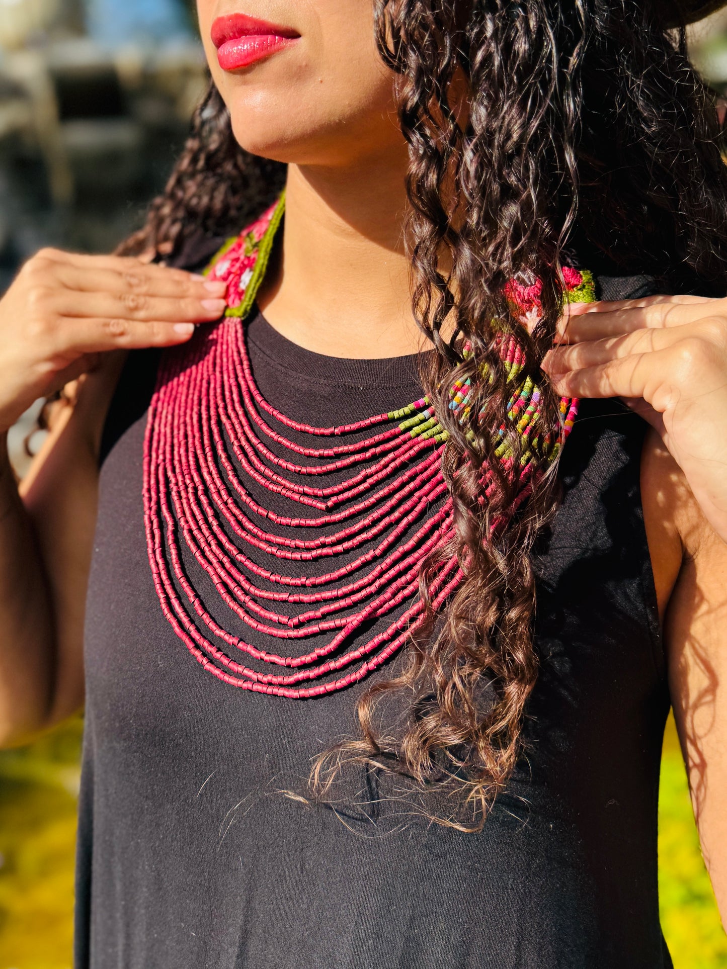 Adjustable Ceramic Beaded Strand Necklace with Patzún Floral Huipil Textile, magenta