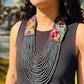 Adjustable Ceramic Beaded Strand Necklace with Patzún Floral Huipil Textile, black