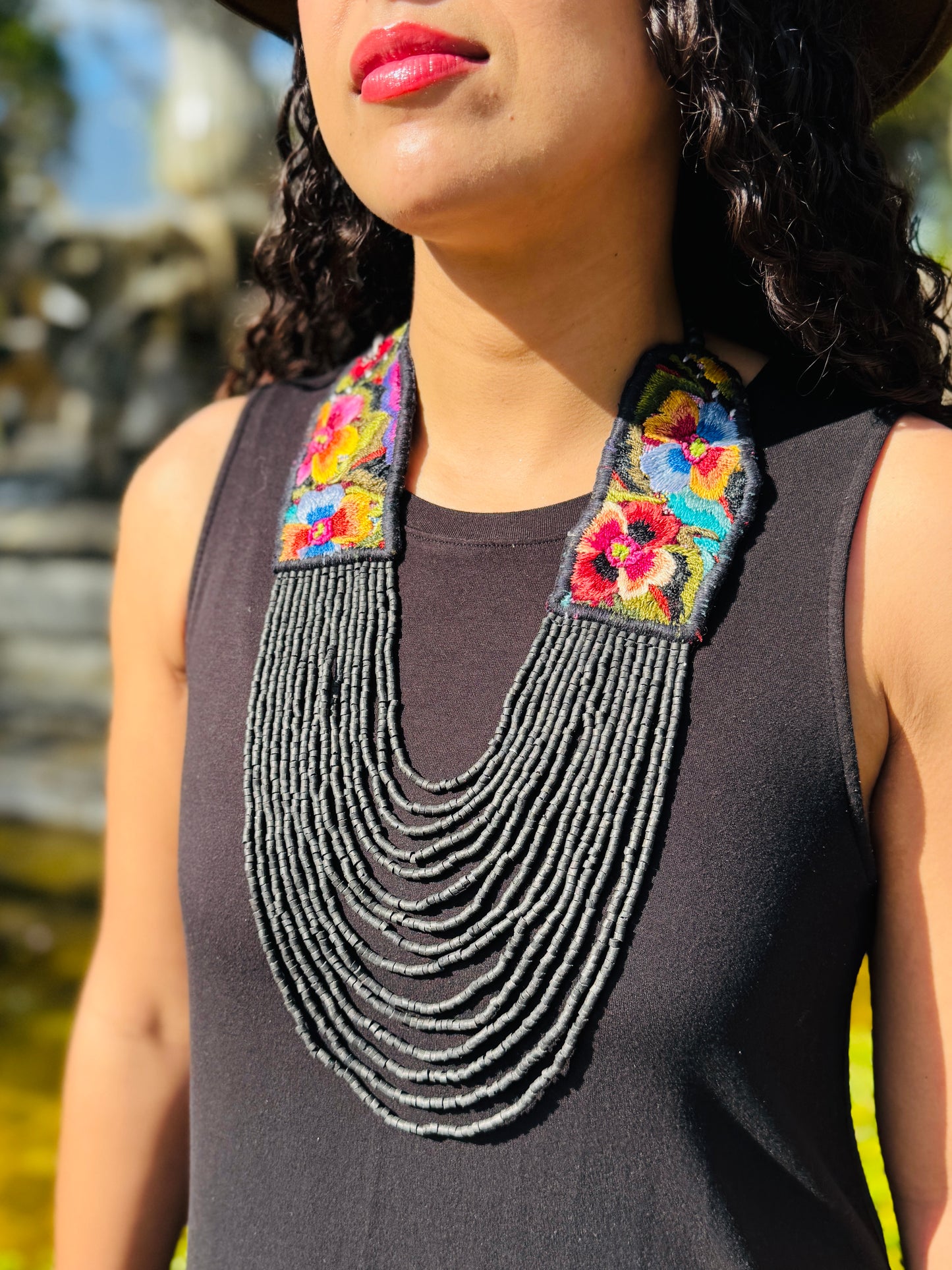 Adjustable Ceramic Beaded Strand Necklace with Patzún Floral Huipil Textile, black